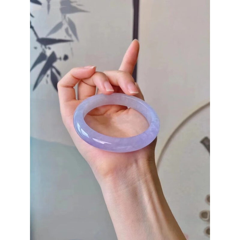 天然翡翠冰种手镯粉紫玉石贵妃飘花圆条玉镯玉.髓玉手镯子带证